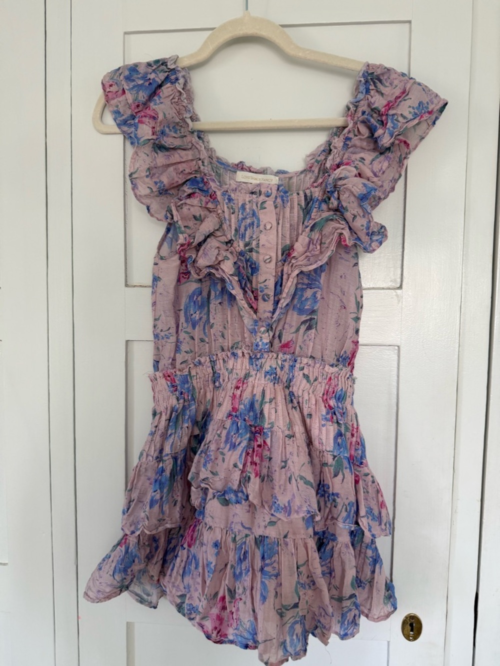LoveShackFancy Pink Floral Ruffle Mini Dress
